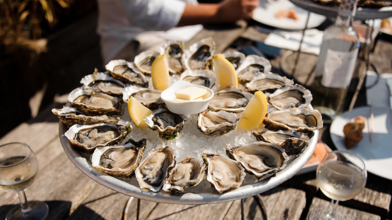 Tasty oysters on the half shell served flat lay on wooden background directly above view